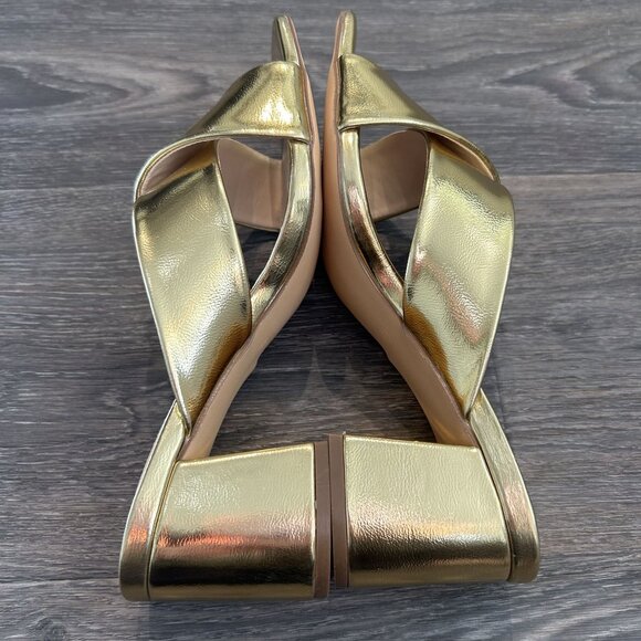 NEW Lulus SZ 8.5 Ybarra Gold High Block Heel Sandals Metallic Vegan Criss Cross - Picture 9 of 10